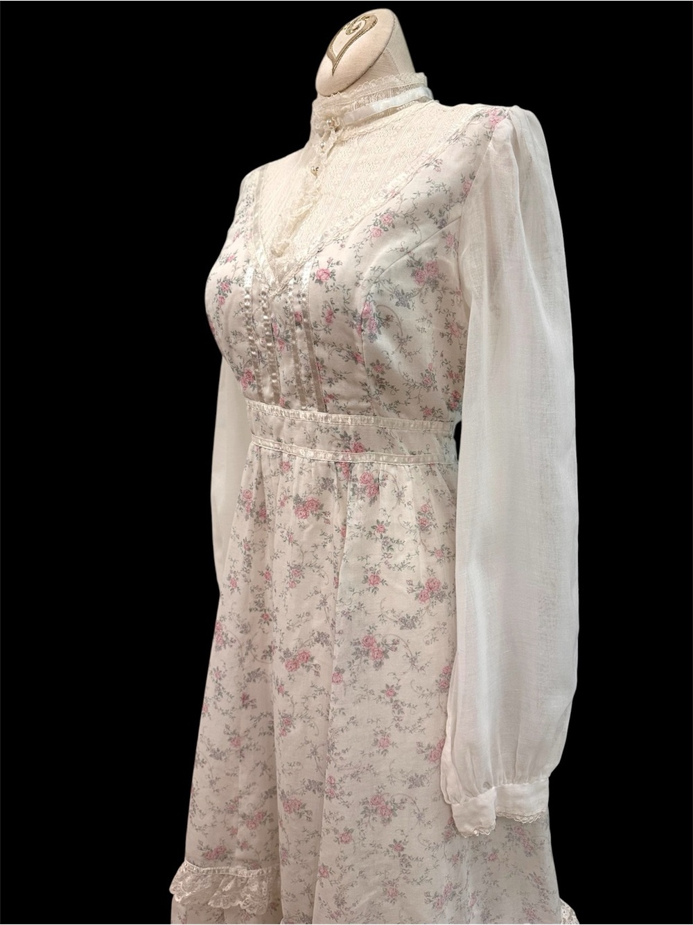 VTG Gunne Sax Cottagecore Floral Romantic Lace Trim Prairie Sheer Sleeves Dress - Picture 2 of 16